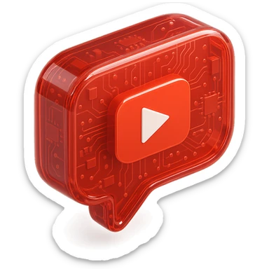 red opacity 0.6 speech bubble with inside a big red YouTube white play button, very glossy circuit style sticker