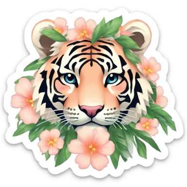 Pixel art of a pixel pink peach beige blue cream pastel pixel tiger wearing tropical flowers and leaves, flower crown, floral, pixel sticker