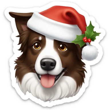 a brown and white border collie with a santa’s hat and a mistletoe in the mouth sticker