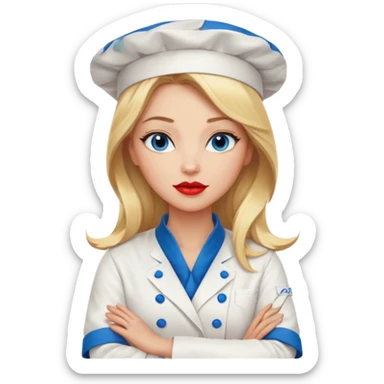 Beautiful, sexy,  long blonde hair, blue eyed, full red lips plunging v neck chefs coat, female chef arms folded  sticker
