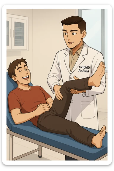 fai un webtoon manga a colori con questo stile, in cui un uomo è steso sul lettino medico e il kinesiologo con il camice bianco (fagli anche la scritta "ANTONIO ANANIA" SUL CAMICE, gli solleva una gamba per fargli il test neuromuscolare, IL KINESIOLOGO SPIEGA ALL'UOMO UNA cosa mentre gli alza la gamba. l'espressione dell'uomo è felice e soddisfatta, non fare i fumetti però, fai solo in modo che sembri stiano parlando, il lettino fai in modo che si veda tutto intero sticker