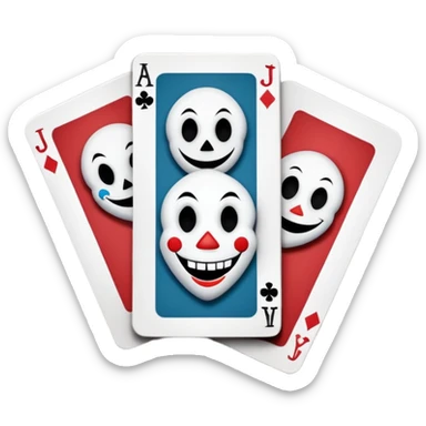 bunch of 3 poker cards, with crazy colorful human jolly jokers inside, inversed face, cuphead style sticker
