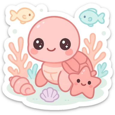 extremely cute underwater cartoon turtle, starfish, and shells together, big round heads, huge sparkling eyes, small smiling mouths, pink shiny skin, rosy cheeks, soft pastel colors, plastic toy-like texture, chibi style, surrounded by colorful fish and coral, gentle lighting, 3D-rendered, high detail, kawaii aesthetic sticker
