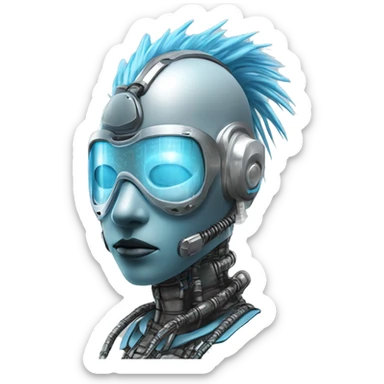 Light blue Mohawk female cyborg head with silver respirator mask and circuits sticker