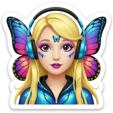 long haired make glitter makeup fairy wearing headpones wing butterfly wings  sticker