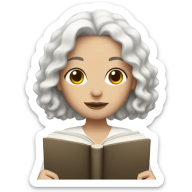 White woman with Black wavy hair holding a book sticker
