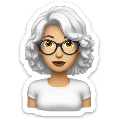 mujer con gafas pelo negto largo piel blanca con bichon maltés blanco sticker