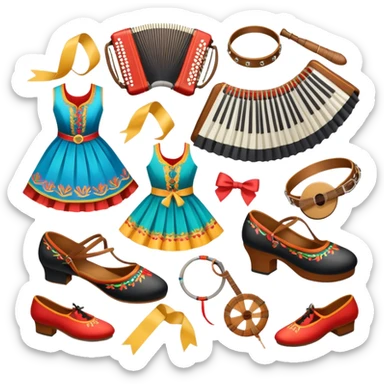 Humanless Icon for Folk Dance: close-up traditional dance shoes, colorful folk costumes, and a dance circle with ribbons and musical instruments like a tambourine or accordion. The icon should represent the vibrant and cultural aspects of folk dancing. Transparent background. sticker