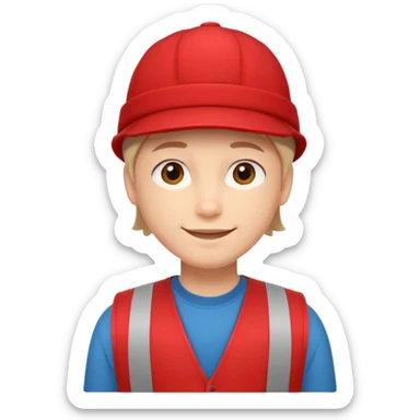 minimal emoji-style person in a red vest and cap, soft smile, neutral pose, flat vector, clean, front-facing, no text or logos sticker