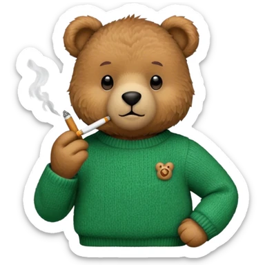 Teddy bear in a green sweater with a cigarette sticker