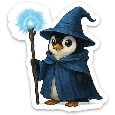 penguin wizard holding a magical staff, wearing a wizard hat sticker
