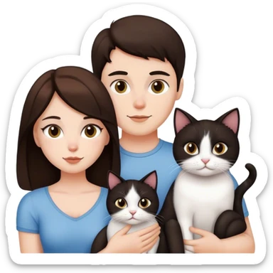 brunette couple and two cat. one is black cat one is white sticker