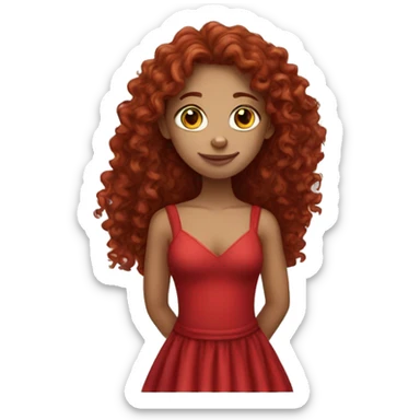 Girl with deep red long curly hair and light skin wearing a red dress sticker