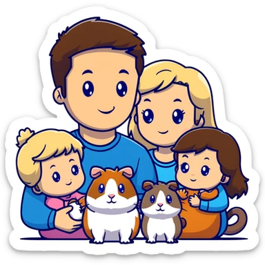 Family portrait with father with dark brown hair and blue eyes, mother with light brown hair and blue eyes, three blonde little girls with blue eyes, plus a grey cat and two guinea pigs sticker