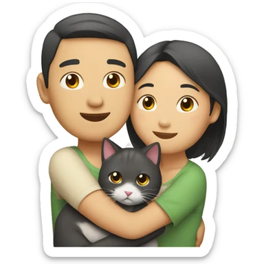 Asian Couple hugging each other with a cat sticker