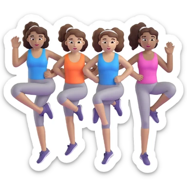 three women friends exercising together, one black woman with curly brown hair, one pale white woman with curly brown hair, and one white woman with straight brown hair in a ponytail sticker