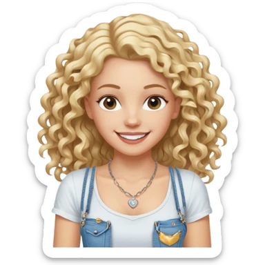 white girl with long curly blond hair and hairgrip, thin athletic with toned arms and legs, wearing jeans white strappy t-shirt necklace, big white smile sticker