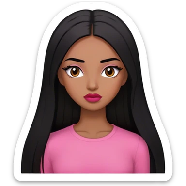 Woman,Medium brown skin,super long black straight hair, medium brown arched eyebrows, full lashes, red nude lips , pink shirt sticker