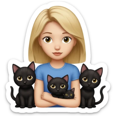 Girl with dirty blonde hair with 4 black kittens and 1 bigger black cat and a tabby kitten and 1 black dog sticker