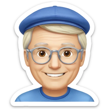 người đàn ông 60 tuổi, da trắng, tóc bạc hơi ngả vàng, mặt cười tươi vui vẻ, đeo kính,đội mũ màu xanh, nửa thân trên sticker
