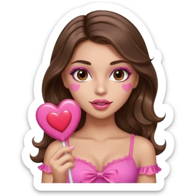 girl with long wavy brown hair, brown eyes, long lashes makeup, sexy pink lips, light to medium complexion, wearing a pink sexy top,, heart lillipop sticker