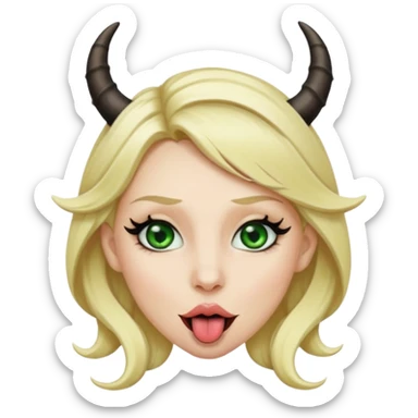 Emoji femme blonde habillée en noir cheveux blond, yeux vert avec de long cils noir qui tire la langue et à des cornes  sticker