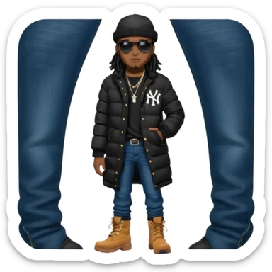 African American man brown skin complexion with black dreadlocks shoulder length wearing black bubble winter coat wearing black sunglasses with denim skinny jeans and timberland boots  wearing a  new york Yankees baseball hat sticker
