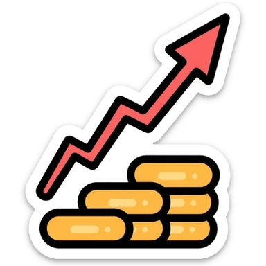 upward arrow beside a small stack of gold coins, beauty business financial growth symbol sticker