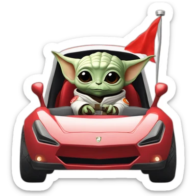 baby yoda unicorn driving a red ferrary in an astronaut suit with peace flag on t sticker