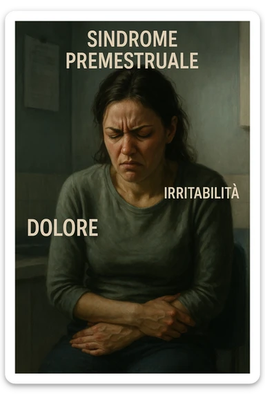 realistic illustration of a woman showing pain and irritability due to premenstrual syndrome, contracted posture, clinical atmosphere, dramatic lighting, Italian captions, vertical 2:3 format sticker