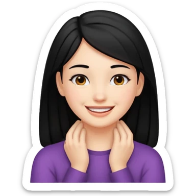 a girl with hands on her neck black hair and smiling sticker