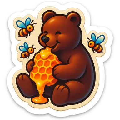 bear eating honeycomb with bees flying around sticker