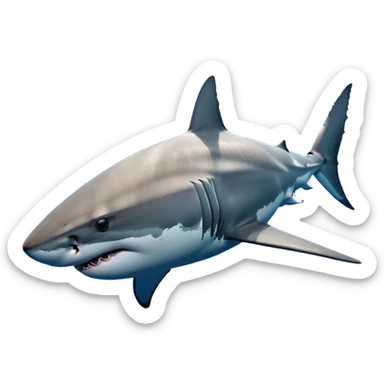 Cinematic Noble Great White Shark Portrait Emoji, Poised and regal, with a robust, torpedo-shaped body, a pointed snout, a gleaming white underbelly contrasting with a slate gray dorsal surface, and piercing, intense eyes scanning deep blue waters, Simplified yet sharp and sophisticated features, highly detailed, glowing with a cool, oceanic luminescence, high shine, intelligent and commanding, stylized with an air of marine authority, focused and vigilant, soft glowing outline, capturing the essence of a watchful and confident predator that appears ready to surge out of the screen with effortless power! sticker