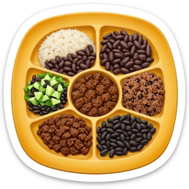 Food plate divided in 4 parts: rice, black bean, minced meat and salad

 sticker