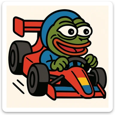 Pepe the Frog driving an F1 race car, energetic, fun, mascot style sticker