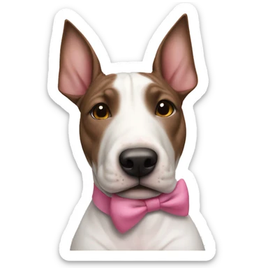 female mostly brindle bull terrier with small amount of white around nose and a pink bow around neck sticker