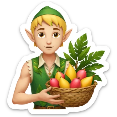 elf male Sleeveless vest with palm-leaf print, basket of exotic fruits (mango/lychee), sunburned nose. sticker