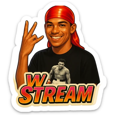 Make him Smiling 
W Finger signal
Change His durag To Red
Add the words W Stream sticker