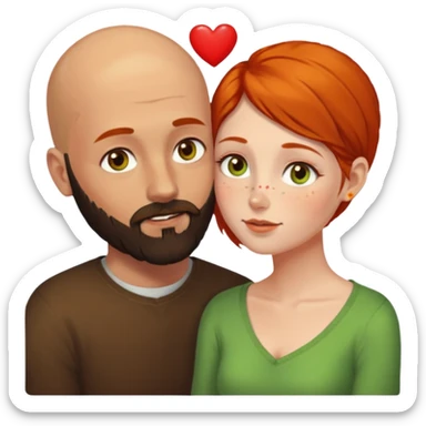 Couple. Bald man with dark brown-black beard. Woman with freckles, white skin and she has orange, auburn-yellow-brown hair. She has light yellow-green-brown eyes. He have hazel eyes. They look at each other. Many small red hearts around them. sticker