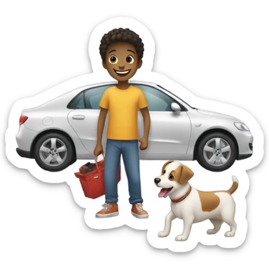 smiling young boy with car and dog sticker