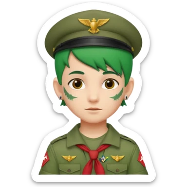 scout boy face tatooes green haired, wearing red uniform with hat sticker
