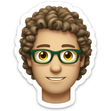 Caucasian male, shoulder length curly brown hair, green eyes, brown glasses, stubble sticker
