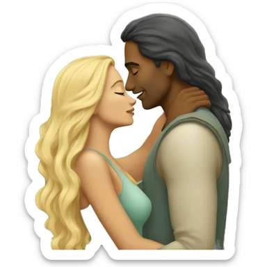 blonde woman with indian man that has long hair, romantic kiss under tree sticker