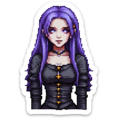 pixel art of a gothic woman with purple hair, witchy touch sticker