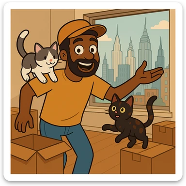 Edit the image to have one cat white and gray, the other cat dark brown and black. The man should have medium length curly hair and be wearing a cap. Keep the NYC apartment moving scene and overall style consistent. sticker