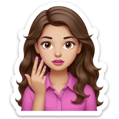 girl with long wavy brown hair, brown eyes, light to medium complexion, in a pink shirt, pink lips, long lashes, puckered lips, showing off painting nails sticker