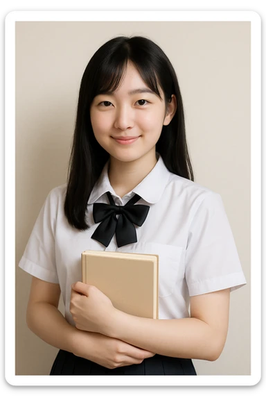 Asian girl with black hair and white skin, in a white school uniform, holding a book sticker