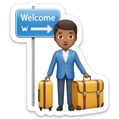 a person holding a suitcase standing next to a welcome sign for a city, friendly and vibrant emoji style sticker