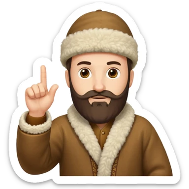 Create an emoji-style illustration of a Caucasian man from the Caucasus region, wearing a traditional woolen papakha hat and a robe made of sheepskin. He has a thick beard and is pointing one finger upward. The style should be simple and expressive, like an emoji. sticker