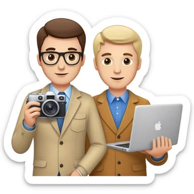 2 people, one is holdig a camera and the other is holdig a laptop, white people, owning a marketing agency, attractive men sticker